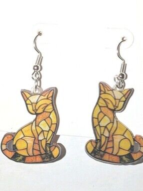 Stylized Yellow Cat Dangle Earrings - Charming Pet-Themed Jewelry